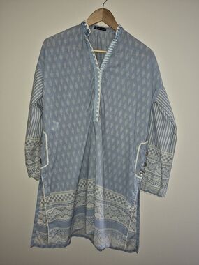 J. Pret Blue Tunic Blouse Boho Crochet Trim Pullover M/L Cotton